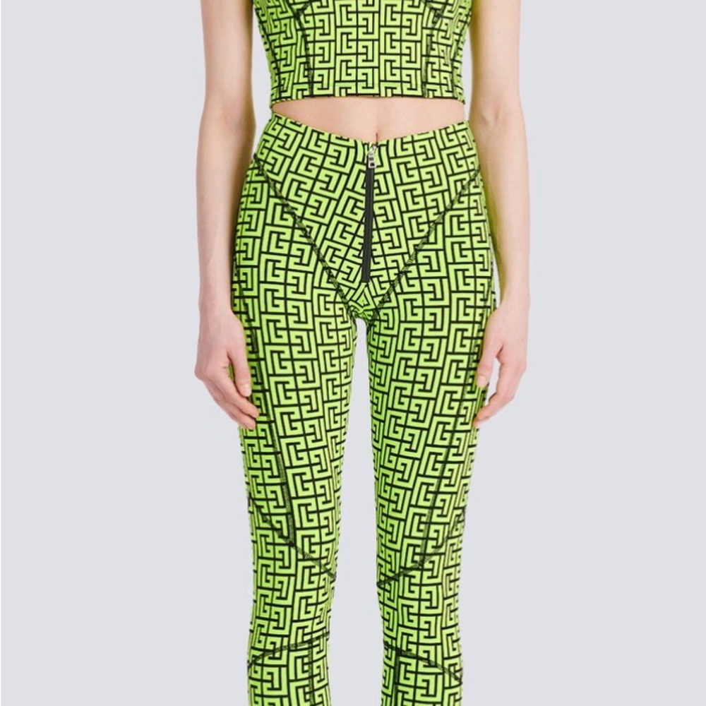 Balmain Neon Green Geometric Print Skinny Pants